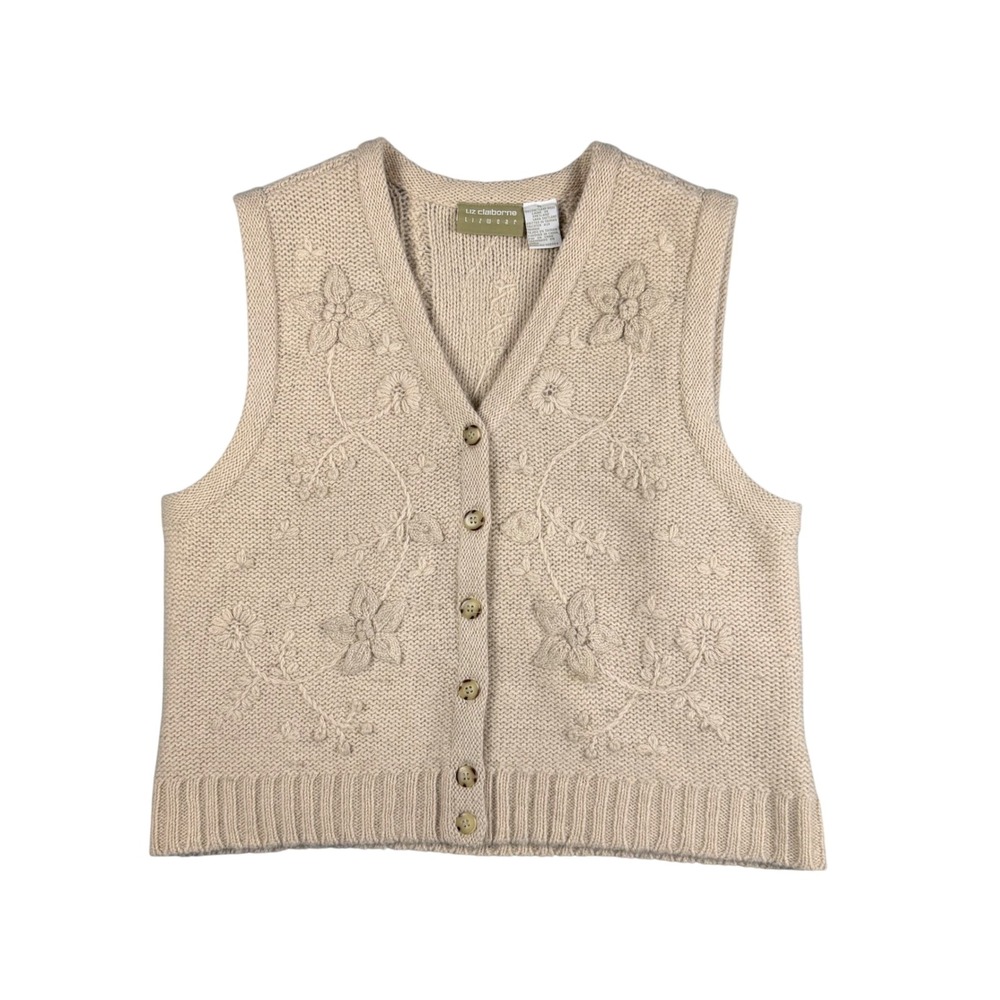 Vintage Liz Claiborne Lizwear Shetland Wool Sweater Vest M Floral Embroidered - Picture 1 of 9
